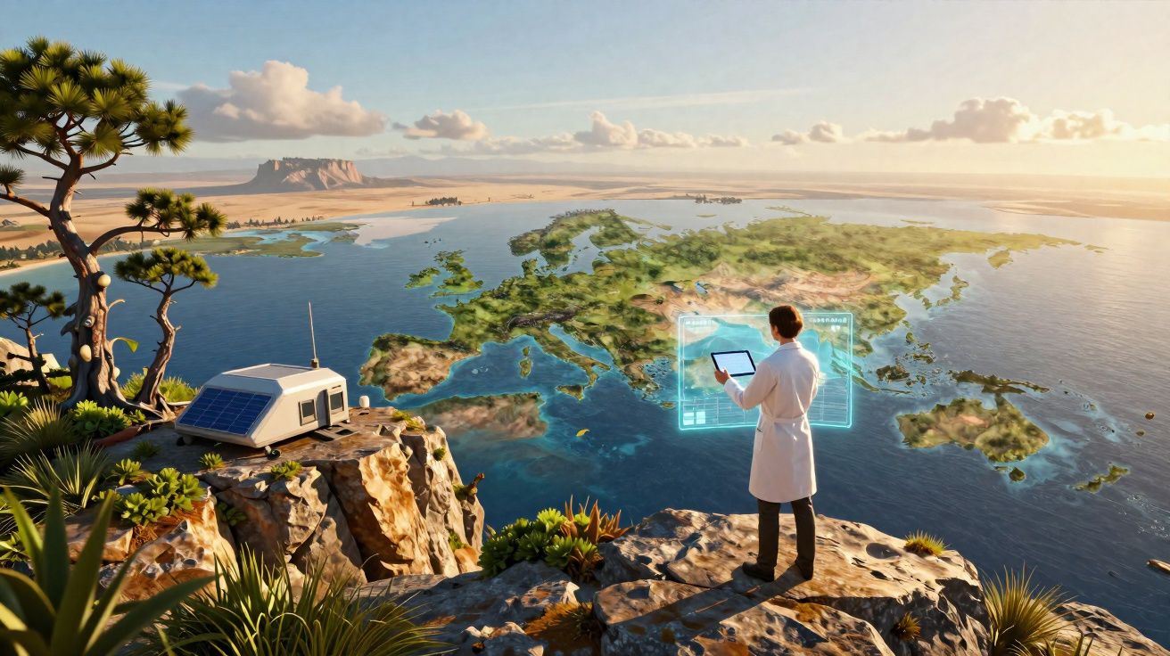 Pesquisador em laboratório futurista observa mapa digital da Europa em penhasco com natureza ao redor.