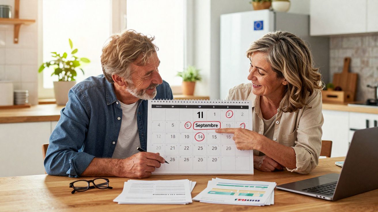 Casal maduro olhando calendário com datas marcadas em setembro, sentado à mesa com documentos e laptop.