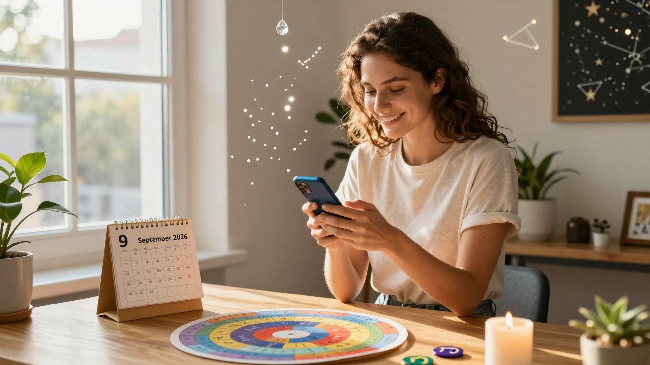 Mulher sorrindo usando celular em mesa com calendário, roda de cores e vela acesa em ambiente iluminado.