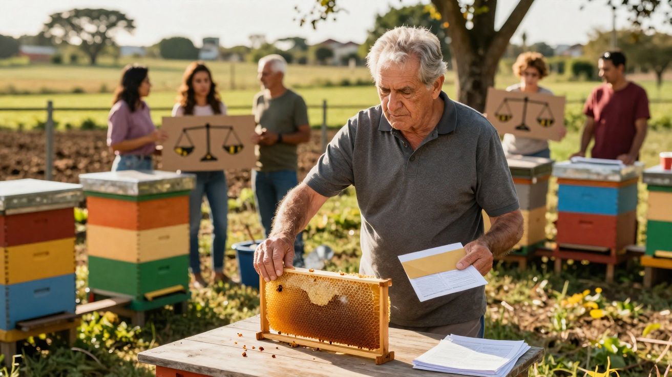 Apicultor examinando favo de mel com grupo segurando cartazes de justiça em campo aberto.