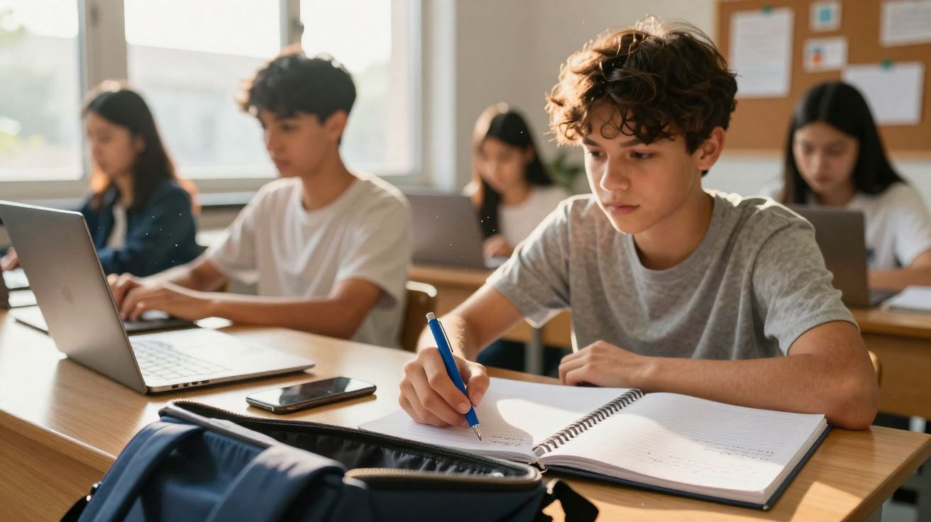 Adolescentes estudando em sala de aula, um escrevendo no caderno e outros usando laptops.