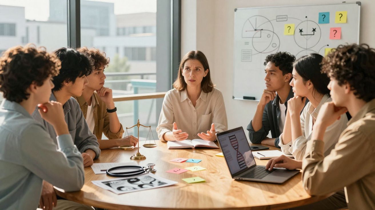 Grupo de jovens em reunião ao redor de mesa com laptop, livros e quadro branco com diagramas e anotações.