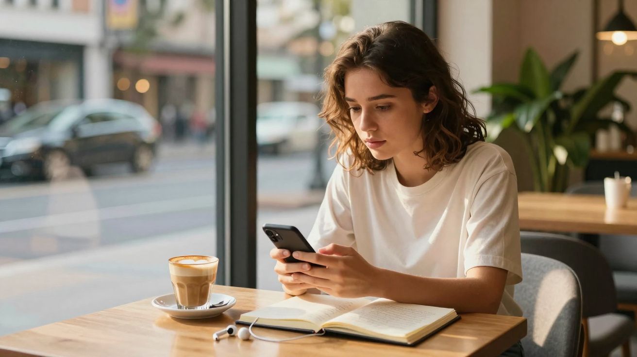 Jovem sentada em cafeteria próxima à janela, usando celular com café, caderno aberto e fones sobre a mesa.