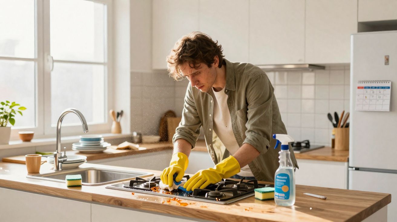 Homem jovem limpando fogão com esponja e luvas amarelas em cozinha iluminada e organizada.