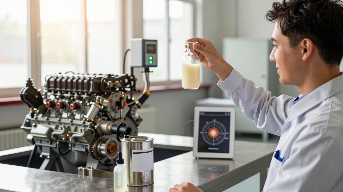 Homem de jaleco observa amostra líquida em laboratório com motor e equipamentos ao fundo.