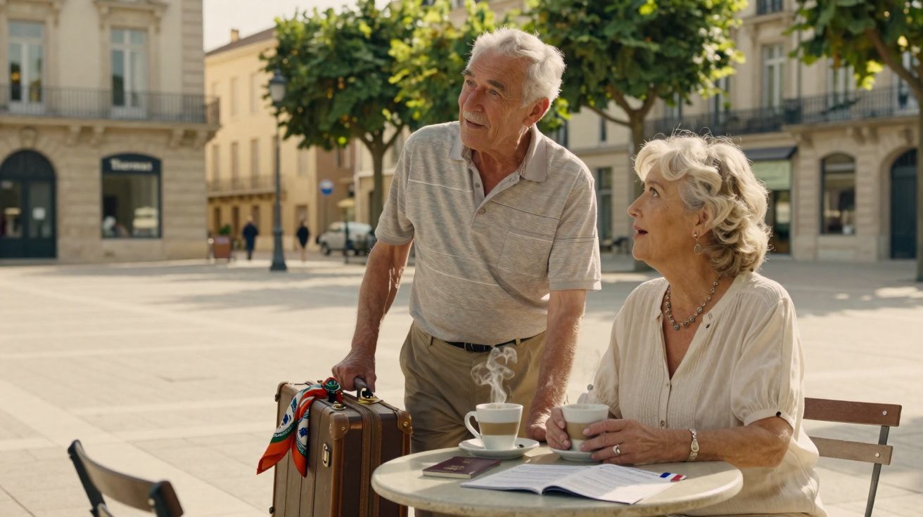Casal idoso em café ao ar livre, homem com mala e mulher segurando xícara, em praça urbana.
