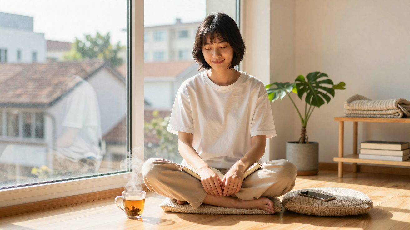 Mulher sentada de pernas cruzadas em almofada meditativa ao sol, com xícara de chá ao lado.