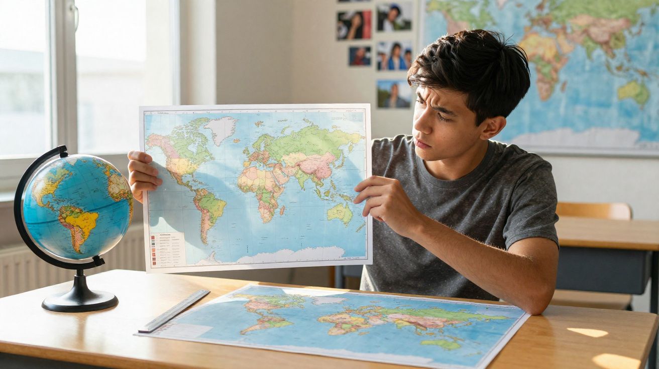 Adolescente sentado em sala segurando mapa-múndi, com globo terrestre e mapas sobre mesa.