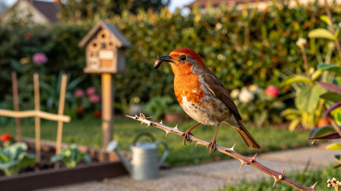 Pássaro de peito laranja e cabeça vermelha empoleirado em galho com inseto no bico em jardim ensolarado.