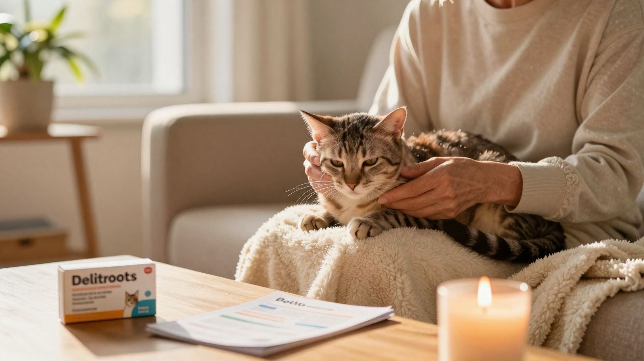 Pessoa acariciando gato no colo com caixa de medicamento e vela acesa sobre mesa de madeira.
