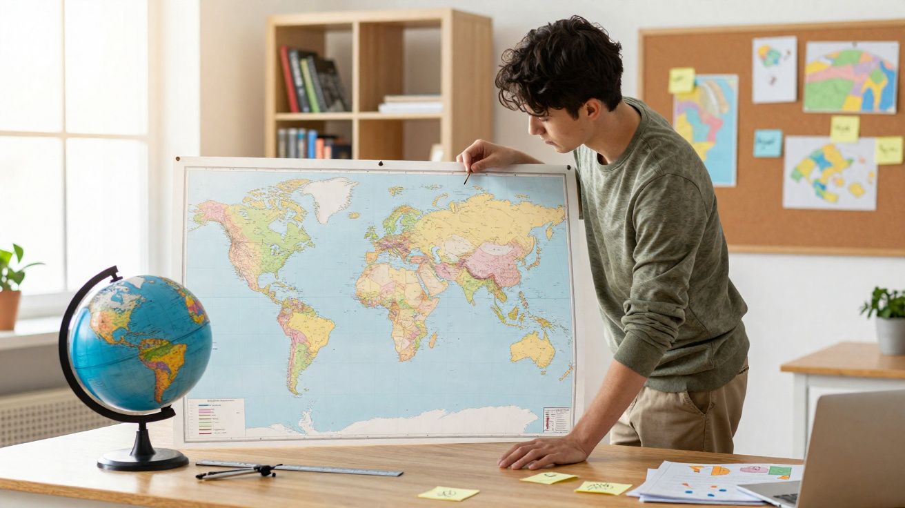Homem jovem em sala segurando e mostrando um mapa-múndi em uma mesa com globo terrestre e materiais de estudo.