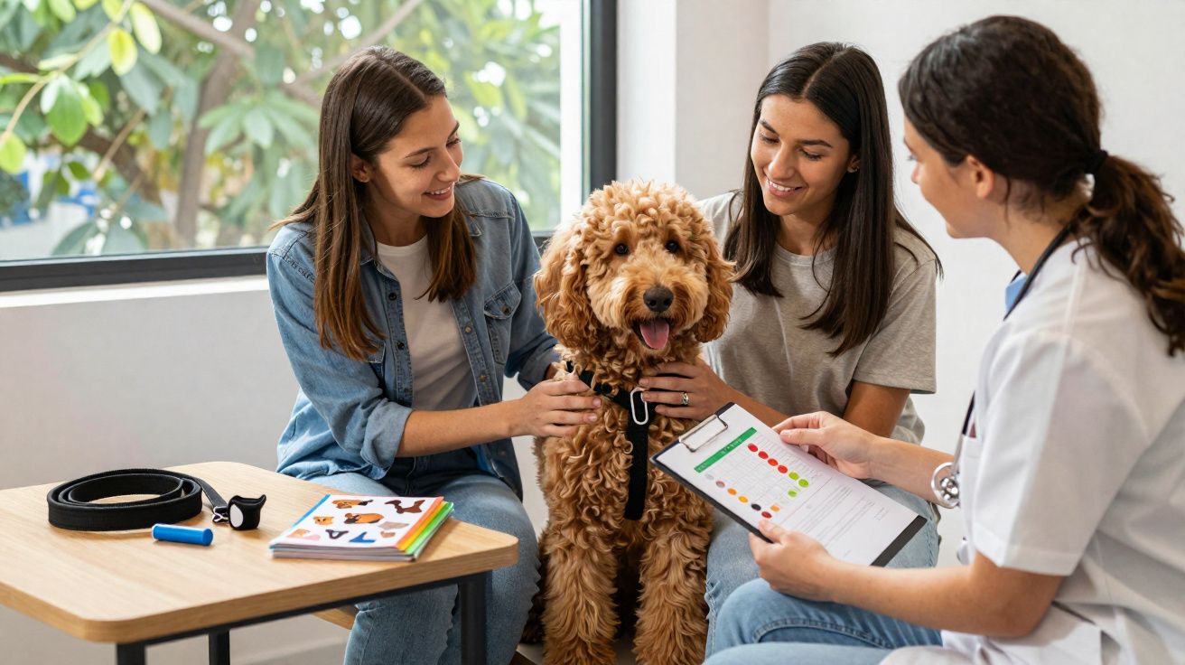 Duas mulheres e uma veterinária conversam enquanto acariciam um cachorro marrom encaracolado em clínica animal.