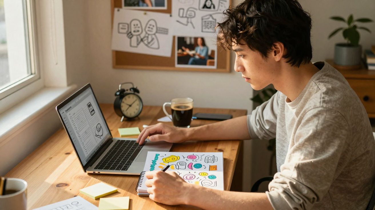 Jovem desenha e trabalha no laptop em mesa de madeira perto da janela, com café e blocos de notas.