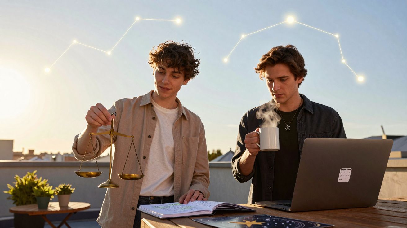 Dois jovens estudam astrologia ao ar livre com constelações, balança e laptop ao entardecer.