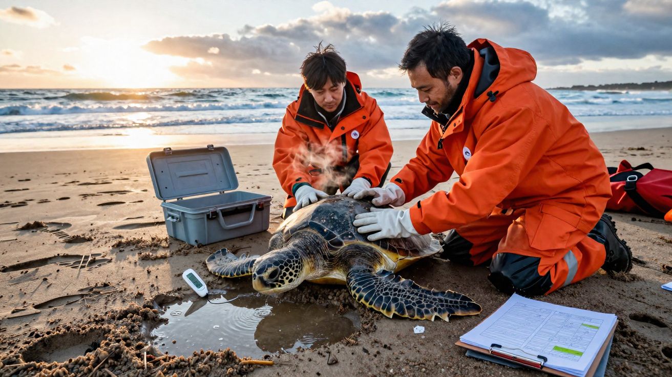 Duas pessoas em roupas laranjas cuidam de uma tartaruga marinha na praia ao pôr do sol.