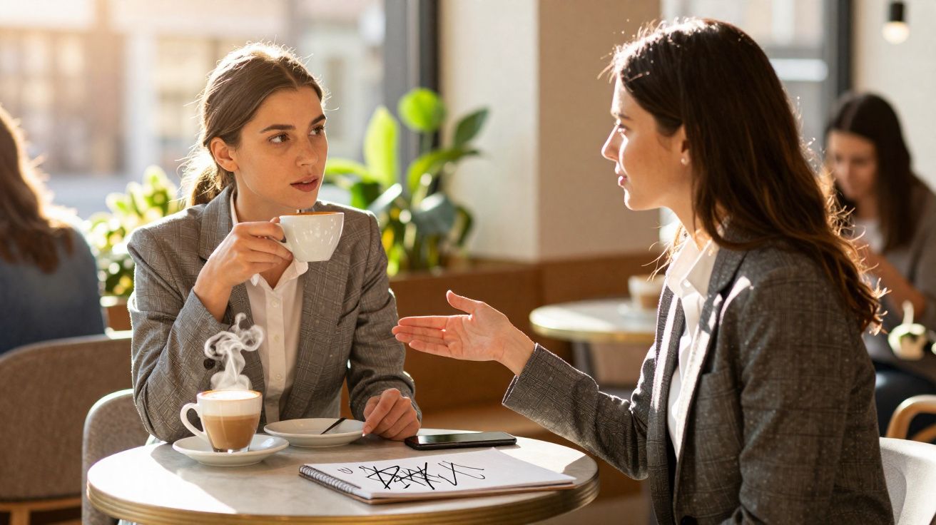 Duas mulheres conversam em café, uma segura xícara e outra gesticula com as mãos.
