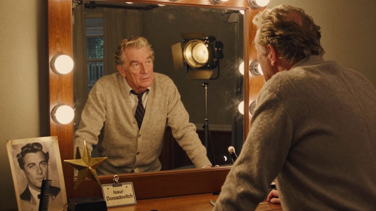 Homem idoso olhando seu reflexo em espelho de camarim com luzes, fotografias e objetos sobre a mesa.