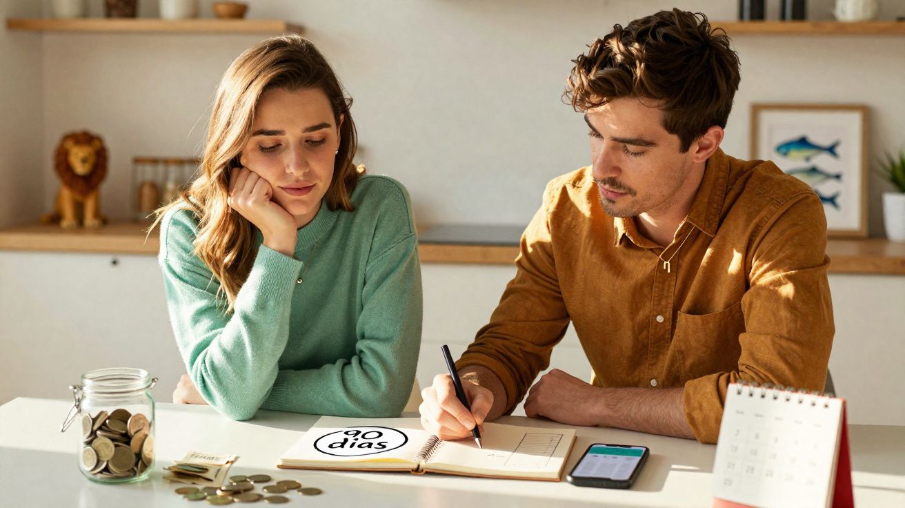Casal jovem planejando finanças com moedas, caderneta e calendário sobre a mesa em ambiente iluminado.