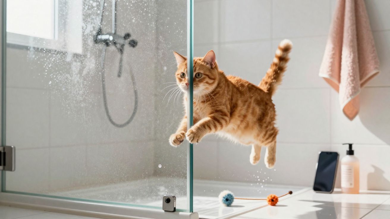 Gato laranja pulando dentro do box de vidro de um banheiro com brinquedos no chão.