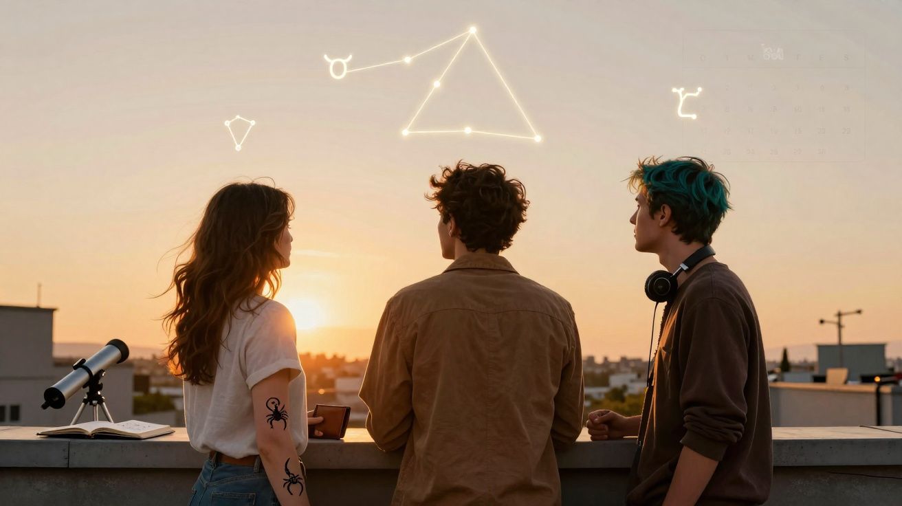 Três jovens observam o pôr do sol no terraço com constelações astrológicas iluminadas no céu.
