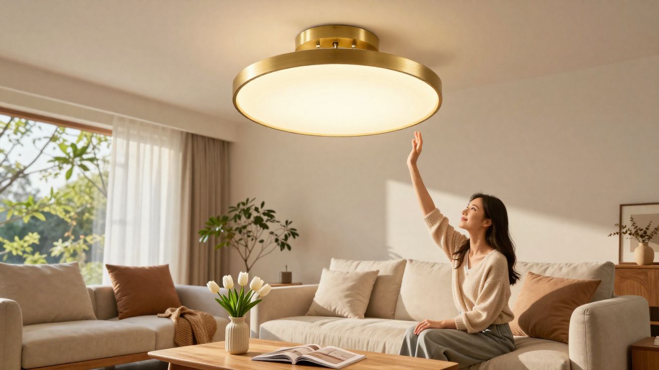 Mulher sentada em sofá bege em sala iluminada por luminária de teto redonda dourada.