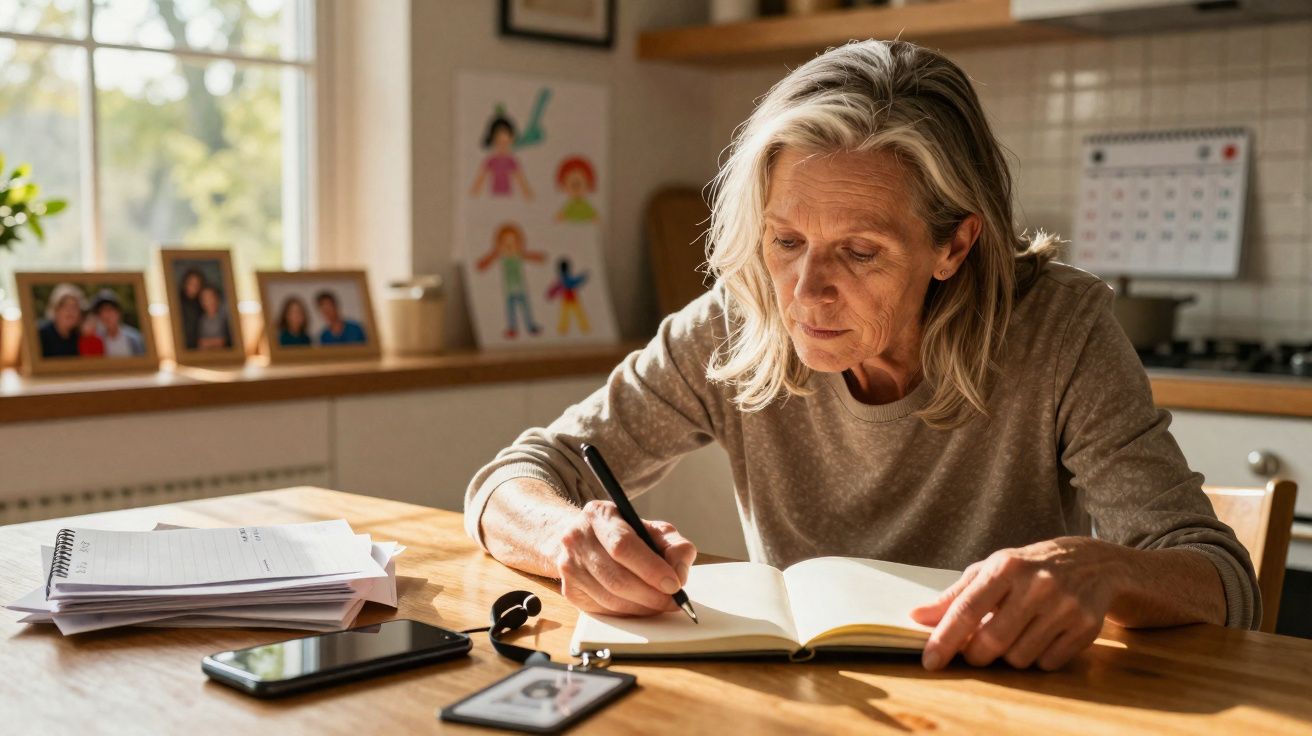 Mulher madura escrevendo em caderno à mesa com celular e documentos em ambiente doméstico iluminado.