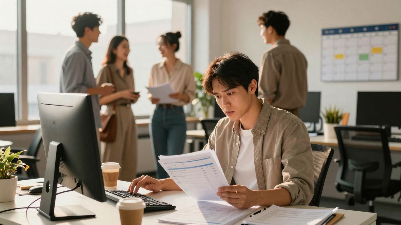 Jovem concentrado analisando documentos sentado em mesa de escritório com grupo conversando ao fundo.