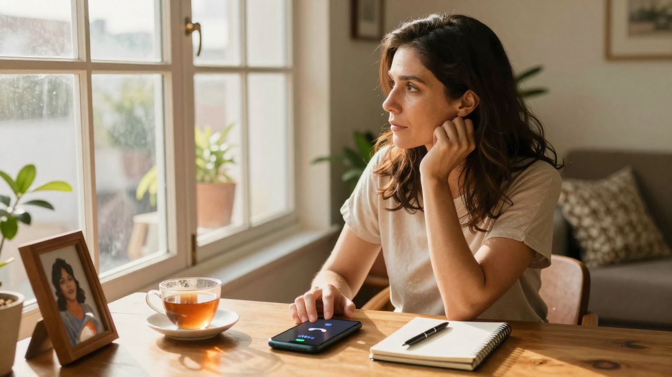 Mulher sentada à mesa olhando pela janela com smartphone, chá e caderno à sua frente.