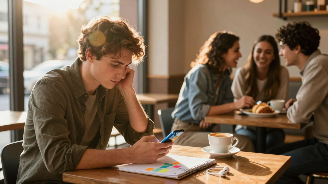 Jovem sentado em cafeteria olhando para celular, com caderno aberto e grupo conversando ao fundo.
