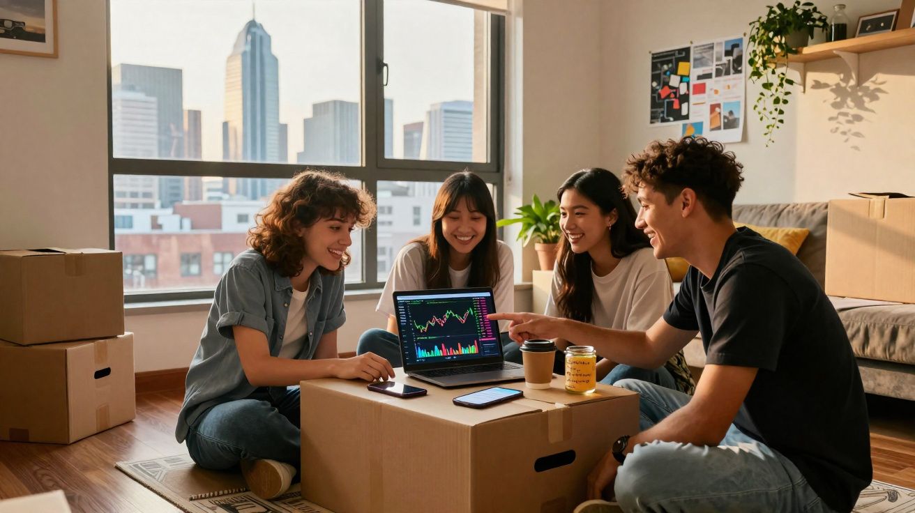 Quatro jovens sentados no chão em sala, olhando gráficos em laptop sobre caixa de papelão.