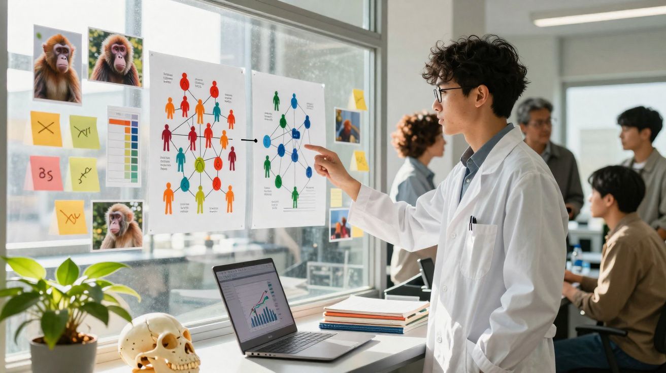 Cientista analisando gráficos e fotos de macacos em um laboratório com colegas ao fundo.