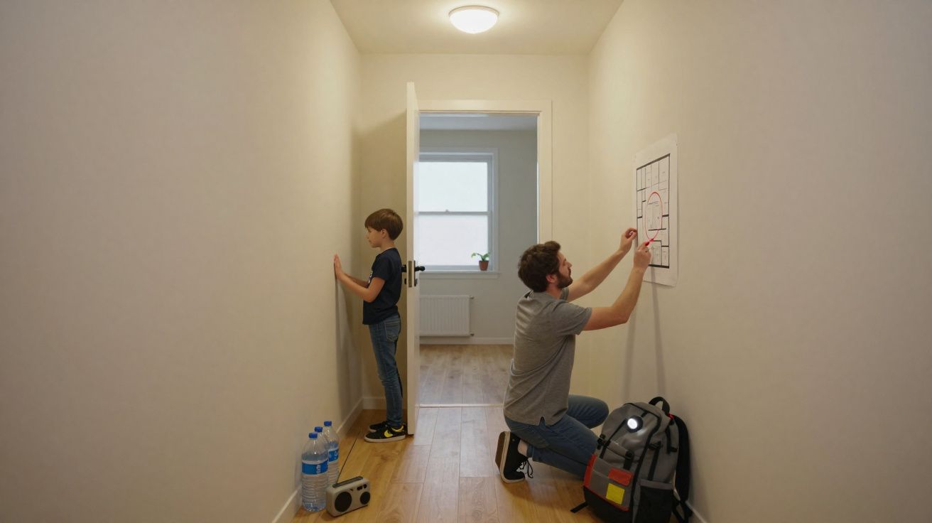 Criança de costas encostada na parede e homem desenhando em planta dentro de sala iluminada.