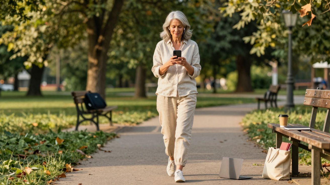 Mulher caminhando em parque com roupas claras, usando celular e fones de ouvido no fim da tarde.