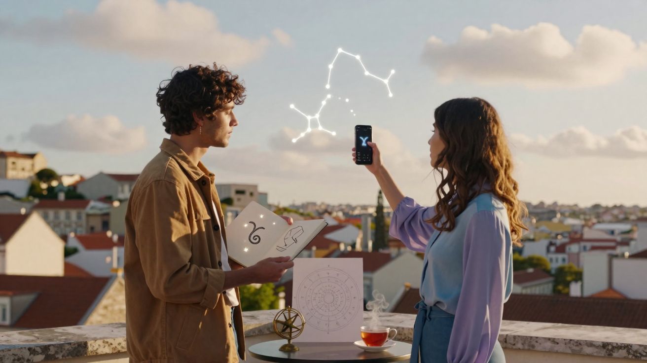Homem e mulher observam constelação virtual no céu, com livros e instrumentos de astrologia à mesa.
