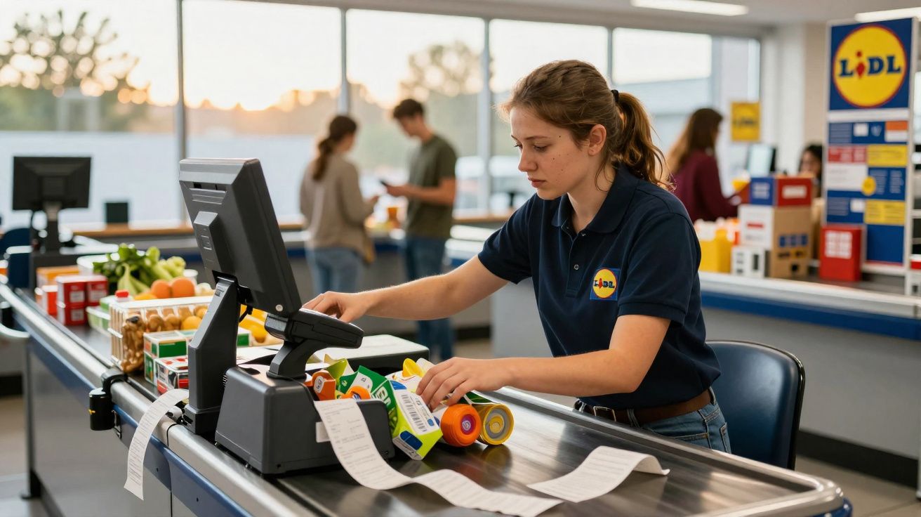 Funcionária do supermercado Lidl registrando compras no caixa com mercadorias na esteira.
