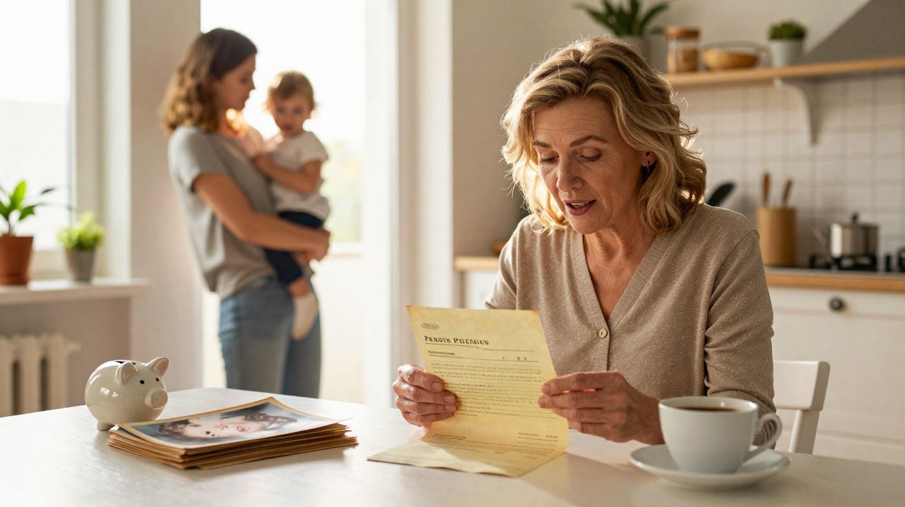 Mulher lendo carta na mesa da cozinha, com xícara e cofrinho, enquanto jovem com criança observa ao fundo.