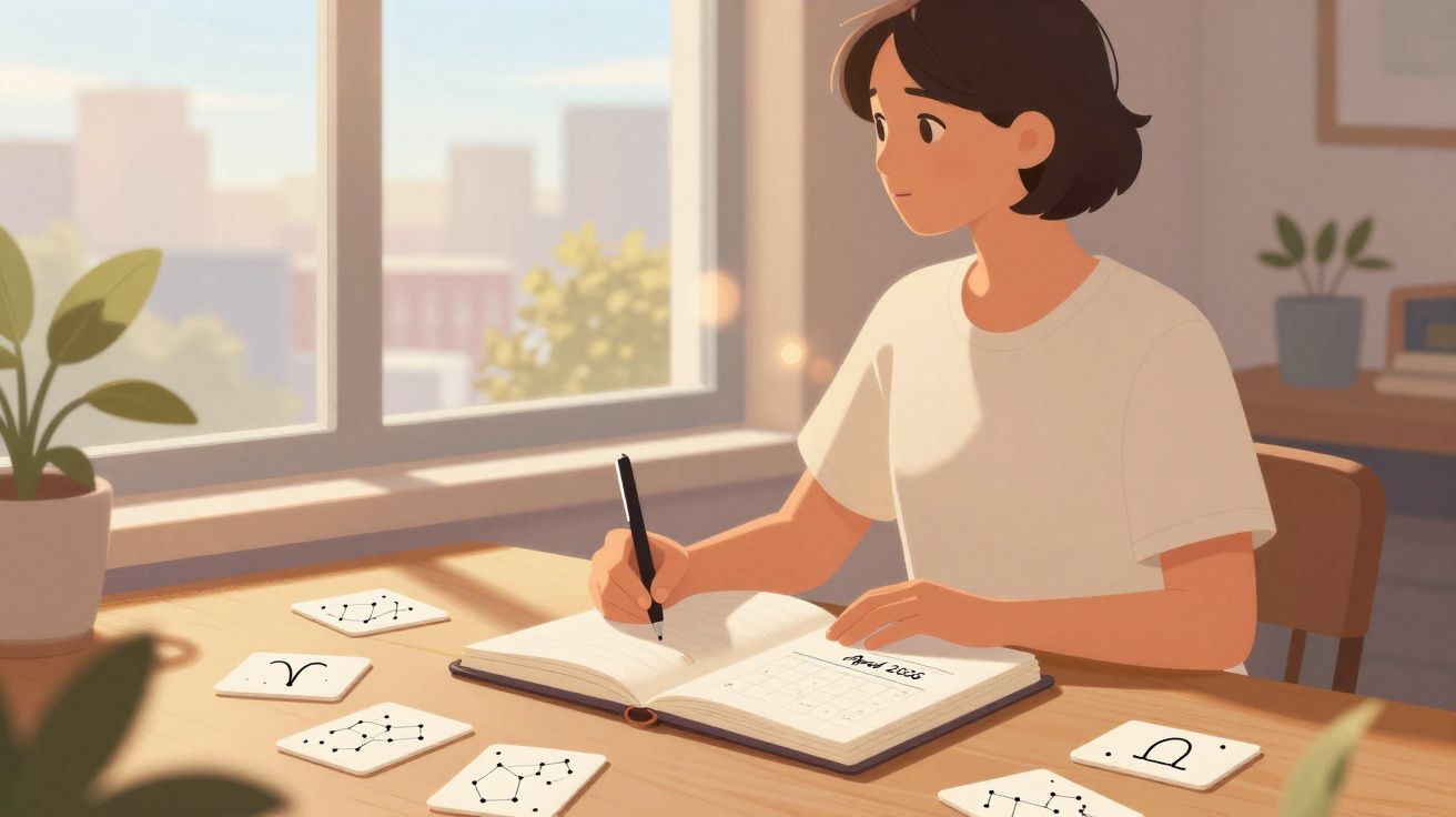 Pessoa escrevendo em agenda sobre mesa com cartas astrológicas e plantas em ambiente iluminado