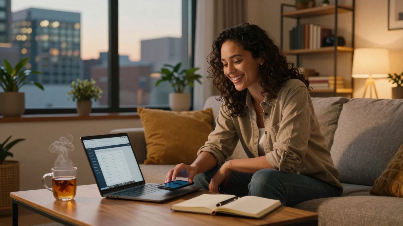 Mulher sentada no sofá usando celular e laptop com chá em mesa de madeira à noite.