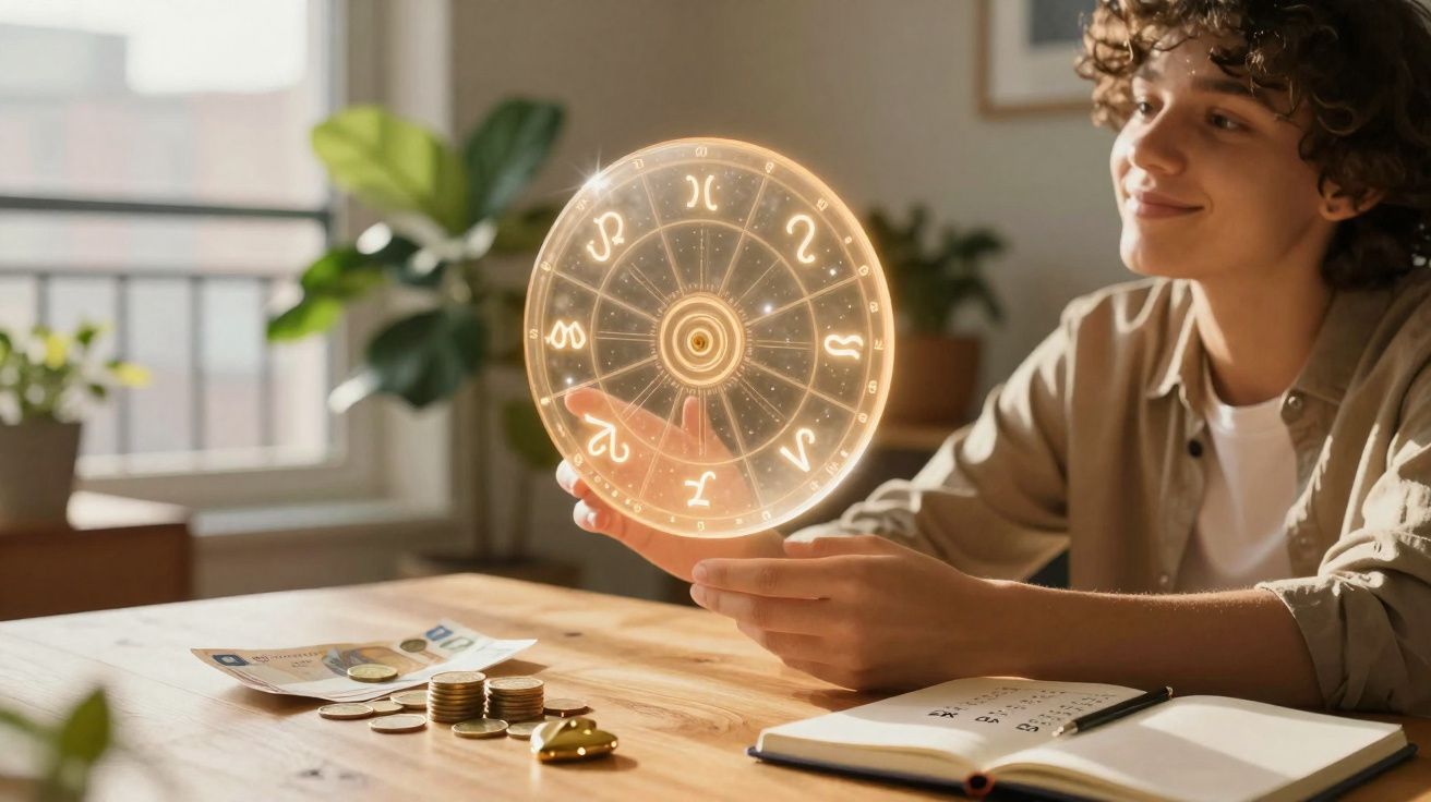 Pessoa segurando um disco holográfico com signos do zodíaco, com caderno e moedas sobre a mesa.