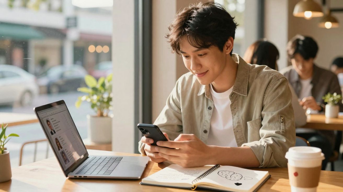 Jovem sorridente usando celular com laptop aberto e caderno em café iluminado pela luz natural.