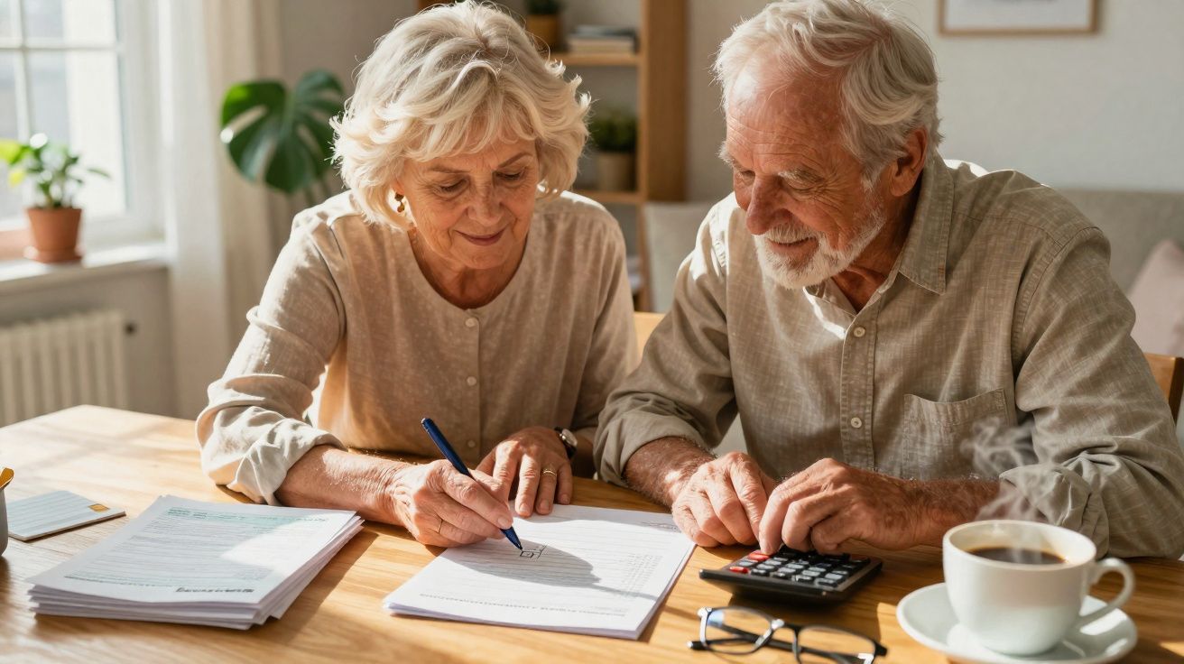 Casal idoso sentado à mesa, revisando documentos, usando calculadora, com xícara de café ao lado.