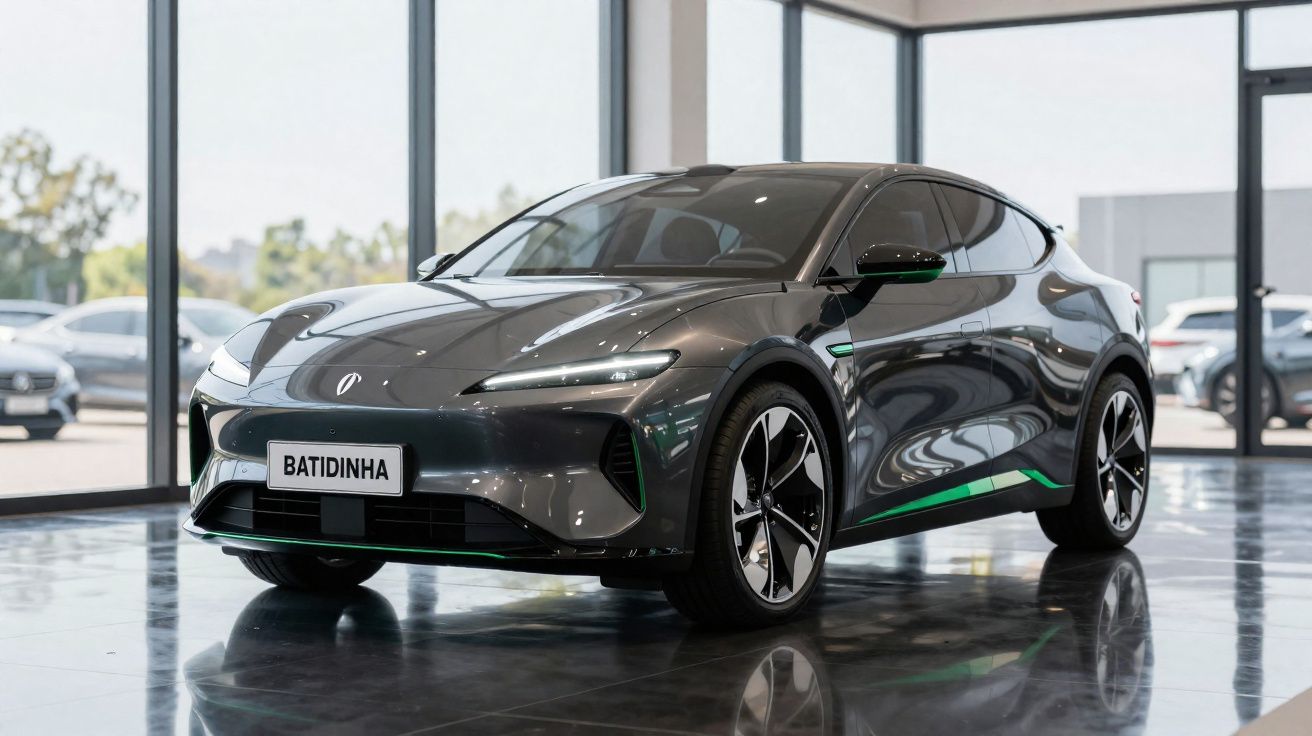 Carro elétrico cinza escuro modelo Batidinha estacionado em salão com piso refletivo e janelas grandes.