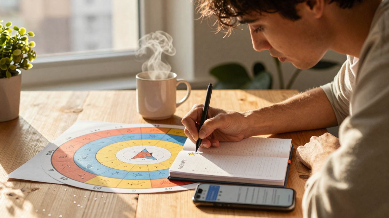 Pessoa escrevendo em caderno com gráfico colorido na mesa, celular e xícara de café fumegante ao lado.