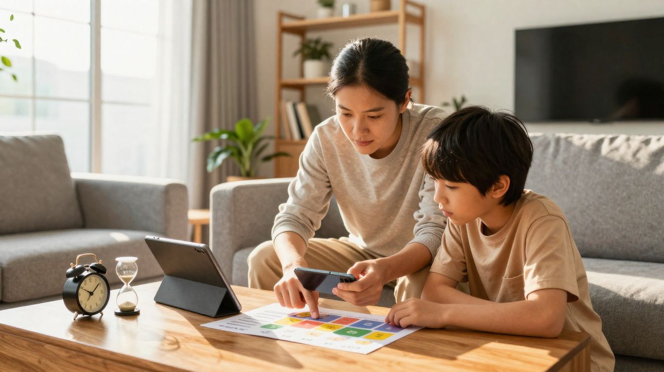 Mulher e menino usando celular e tablet em mesa com papel colorido em sala de estar iluminada.