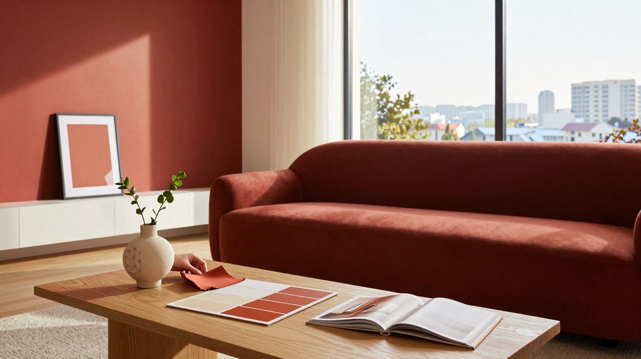 Sala com sofá terracota, parede da mesma cor, mesa de madeira com amostras de tinta e vaso branco.