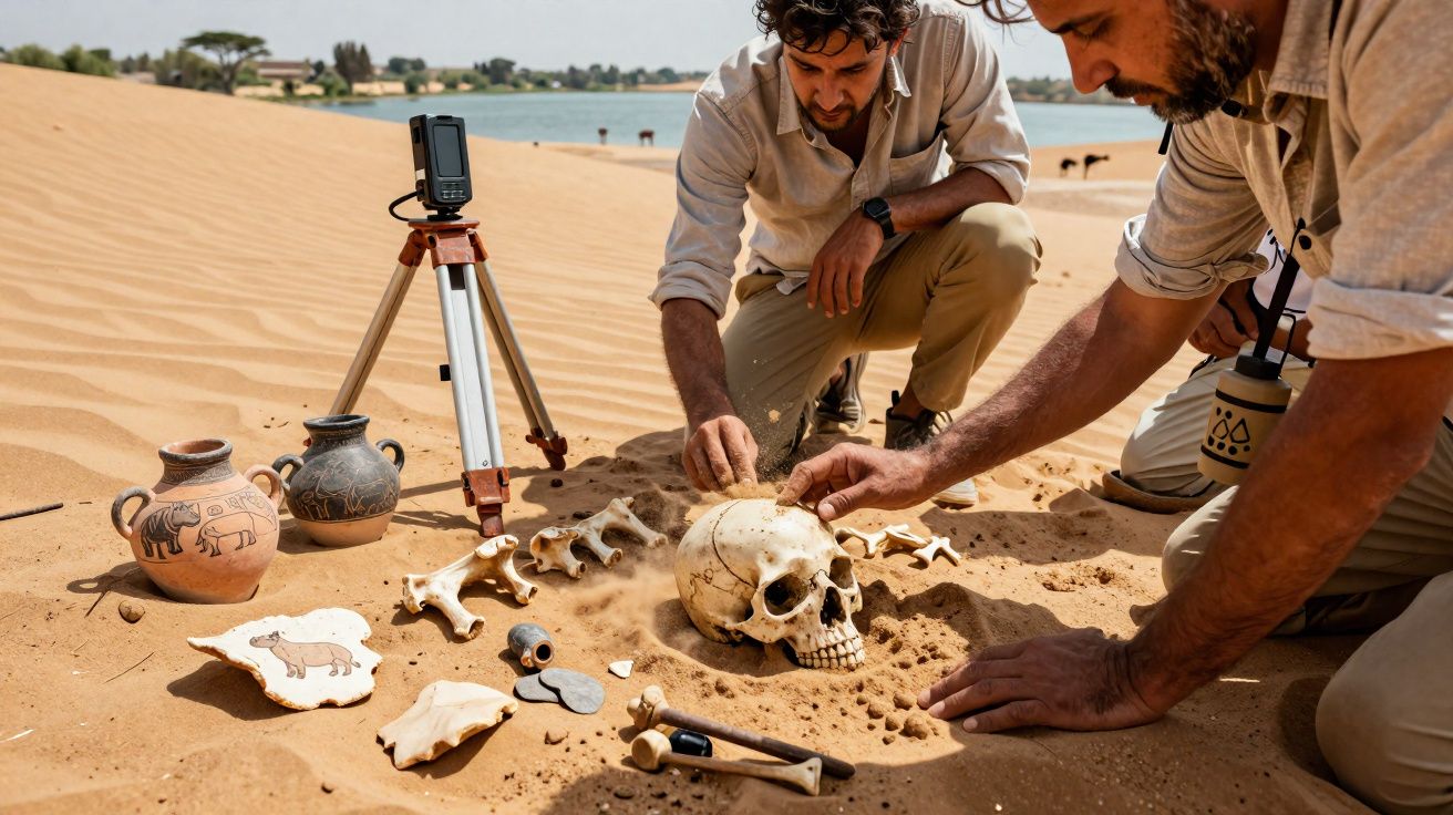 Dois arqueólogos escavam um crânio e ossos humanos no deserto com vasos e artefatos ao redor.