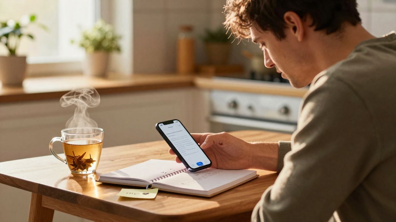 Homem sentado à mesa com chá quente, olhando para celular e caderno aberto em cozinha iluminada.