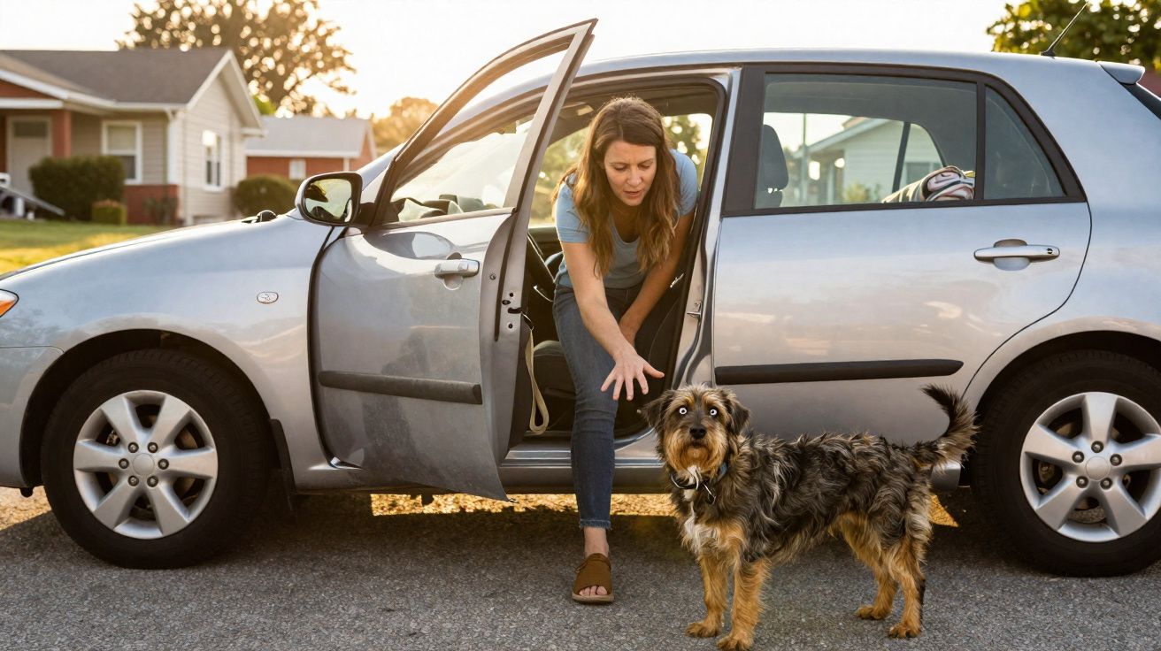 Mulher saindo de carro prata e chamando um cachorro de porte médio em uma rua residencial.