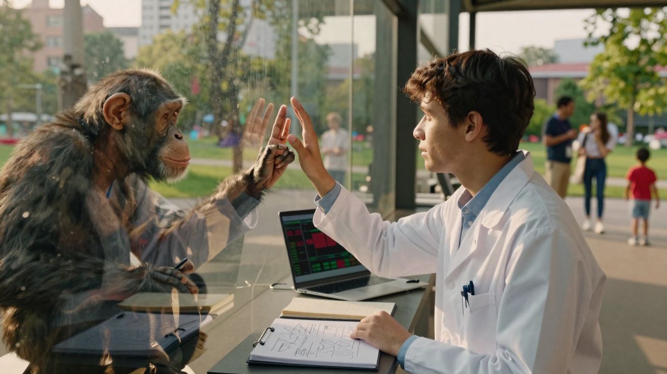 Cientista e chimpanzé tocam mãos através de vidro em ambiente ao ar livre com laptop e caderno.