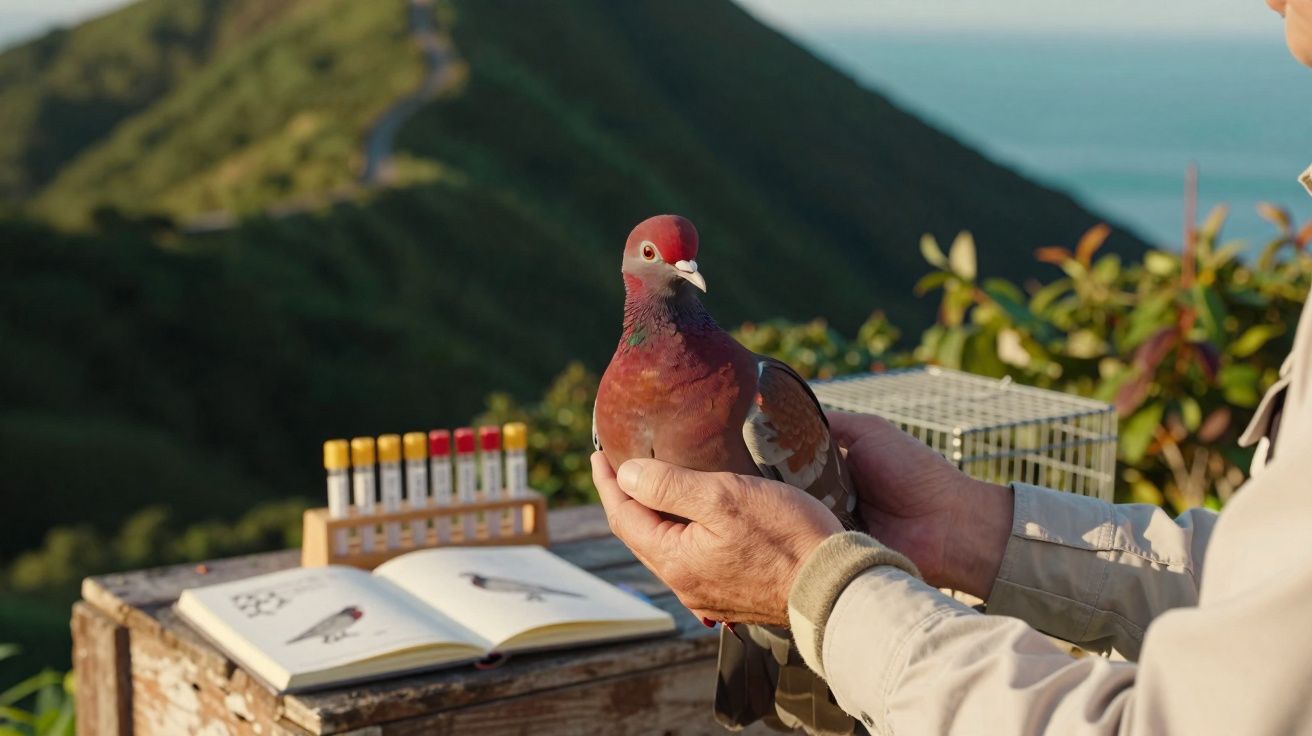 Pessoa segurando pombo vermelho à frente de mesa com livro de aves e tubos de ensaio ao ar livre.